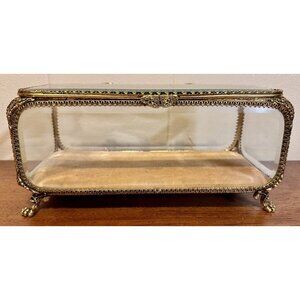 Gold tone TRINKET Jewelry BOX  Claw Foot Legs, Butterfly Clasp, Beveled Glass